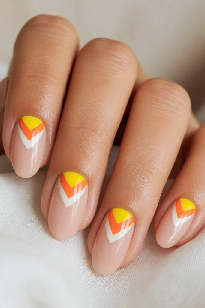 Nails with a sheer nude base and a V-shaped candy corn graphic starting at the cuticle. The V has three color bands: yellow at the top, orange in the middle, and white at the bottom.