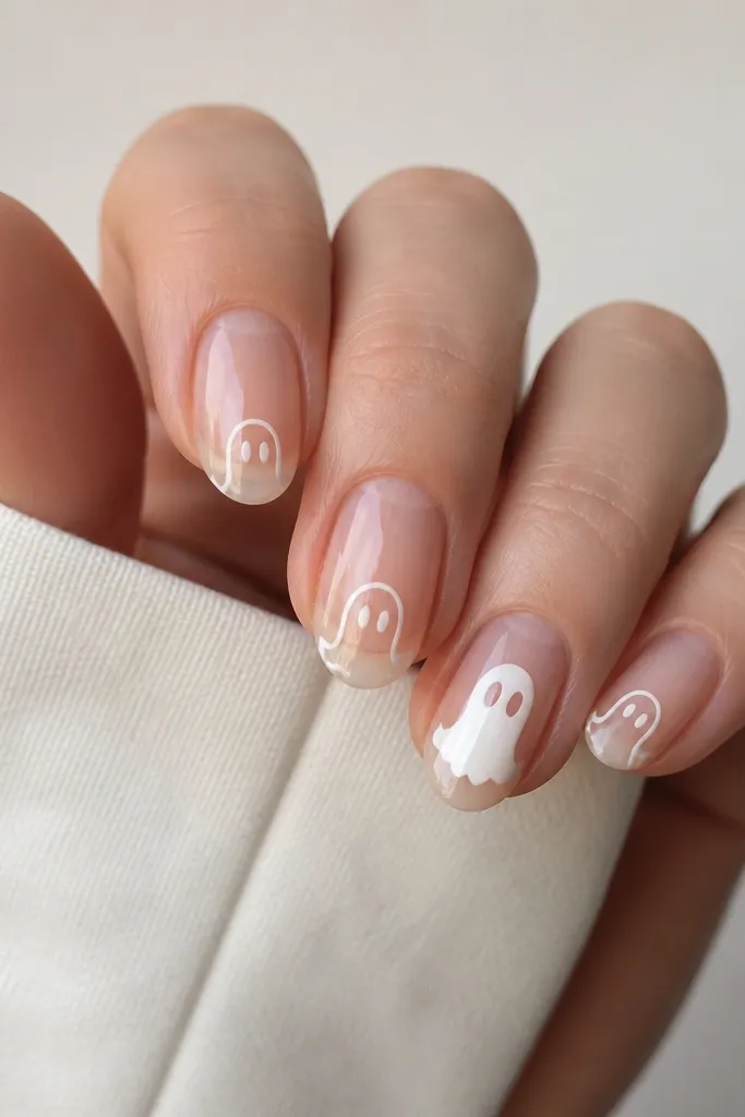 Clear nude nails with a white ghost outline drawn using negative space. One nail has a solid white ghost, while the others show only the outline near the tip.