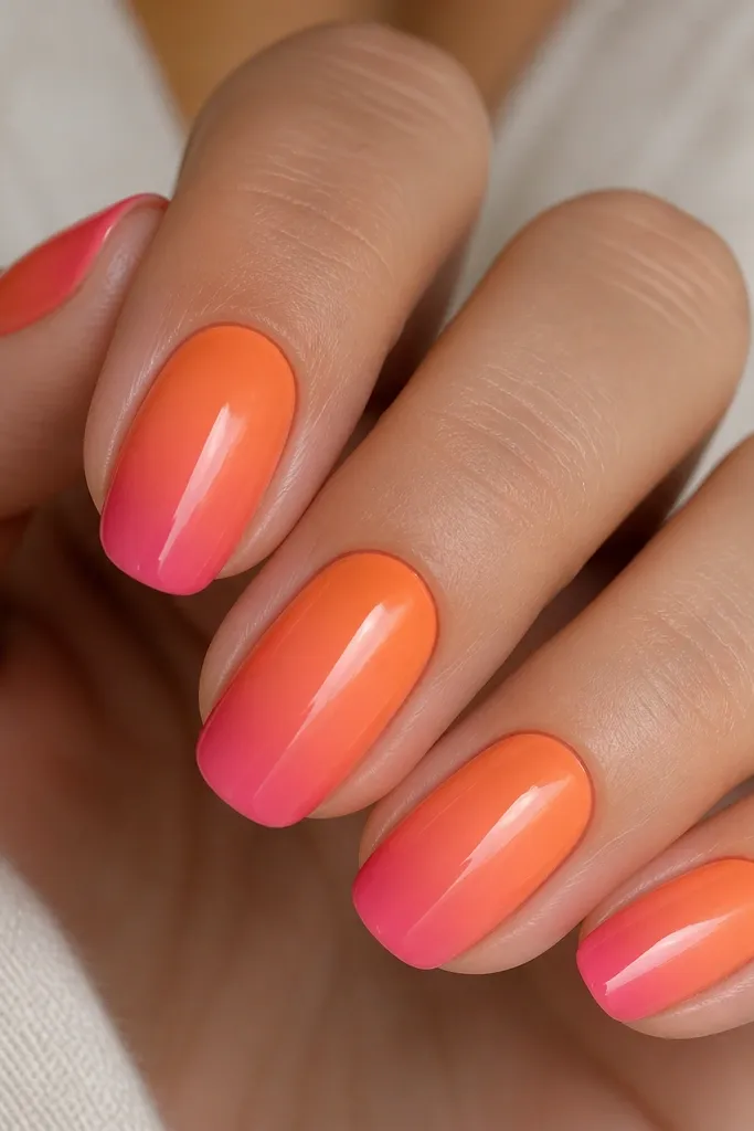 Five nails in a smooth ombre: tangerine near the cuticle fading into warm coral and ending in a hot pink strip at the very free edge. Glossy finish, clean cuticle line, no glitter.