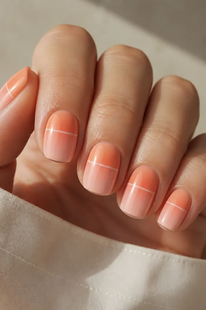 Short squoval nails with a peach-to-coral gradient. A crisp white line runs horizontally near the middle like a horizon, with a tiny darker orange glow above it. Glossy finish.