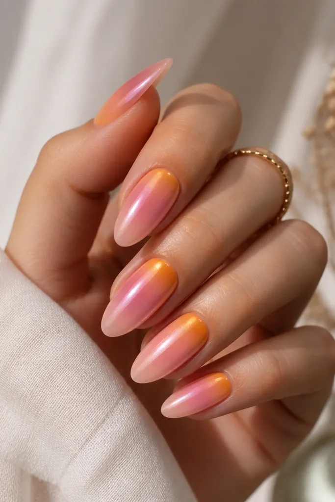 Almond nails with a sheer nude base. At the cuticle area, a half-moon of warm chrome (golden orange) fades outward into pink. The rest of the nail has a faint sunset gradient, glossy finish.