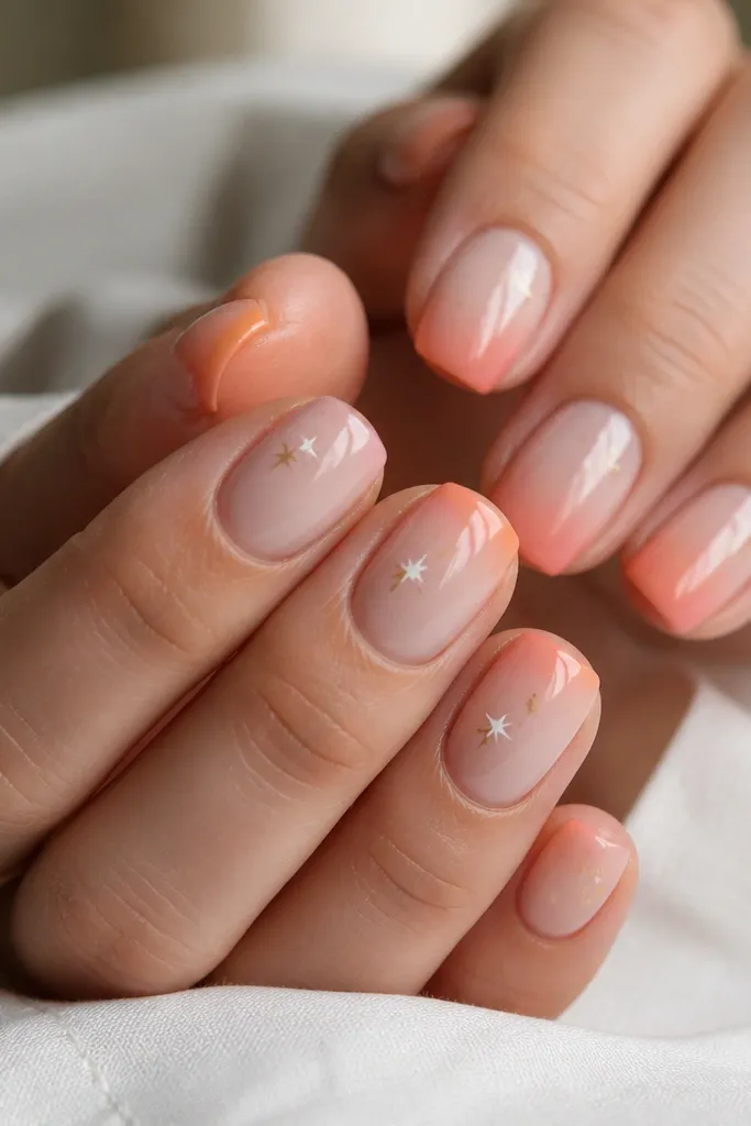 Short squoval nails with a sheer nude base. A very soft sunset gradient sits at the free edge. A few tiny star shapes in white and pale gold appear near the cuticle. Glossy finish.