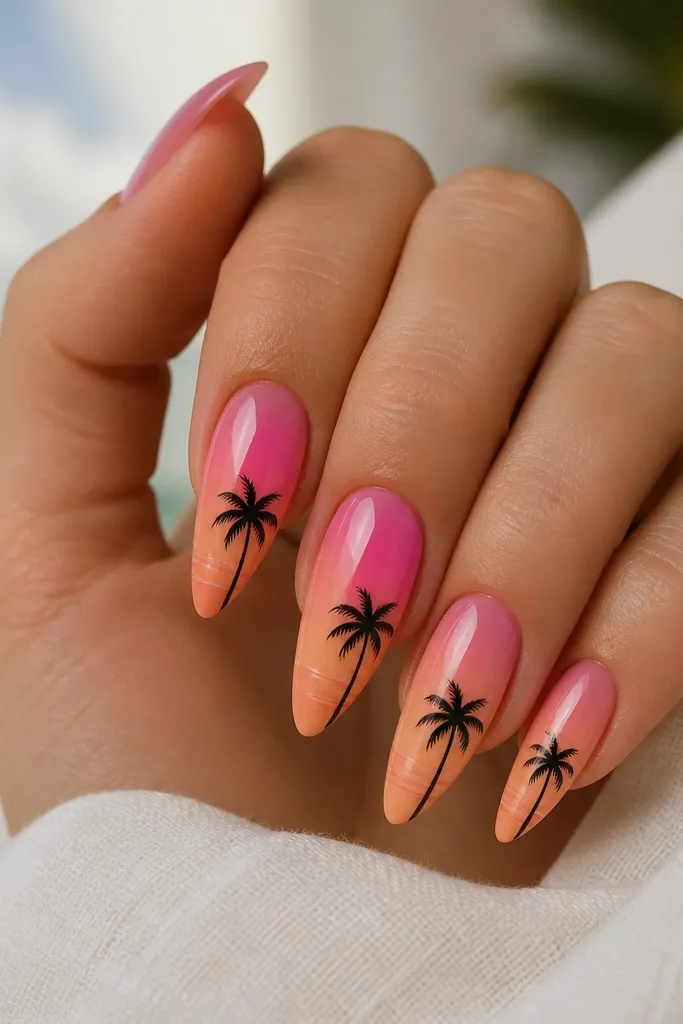 Long almond nails with a pink-to-peach gradient. Near the lower third sits a black palm tree silhouette with a few frond lines. Glossy finish.