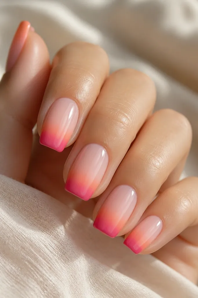Squoval nails with a sheer peach base. The French tip is an ombré band: pale peach to coral to magenta, fading toward the smile line. Glossy finish.