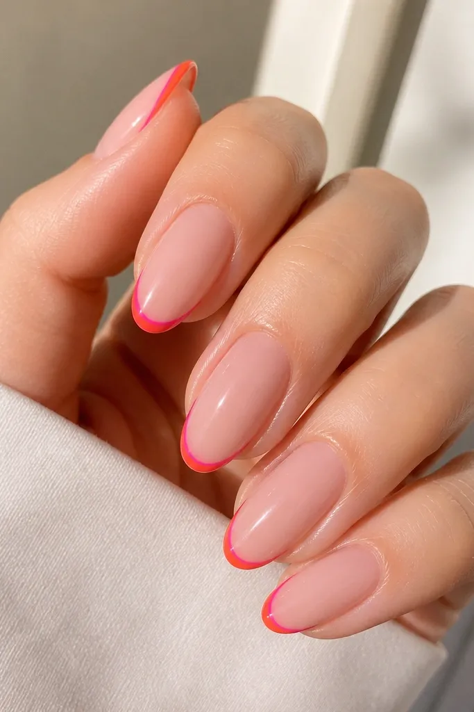 Medium almond nails with a sheer nude base. At the free edge, there's a thin outline arc in coral and magenta, like a glowing border. No heavy fill color. Glossy finish.