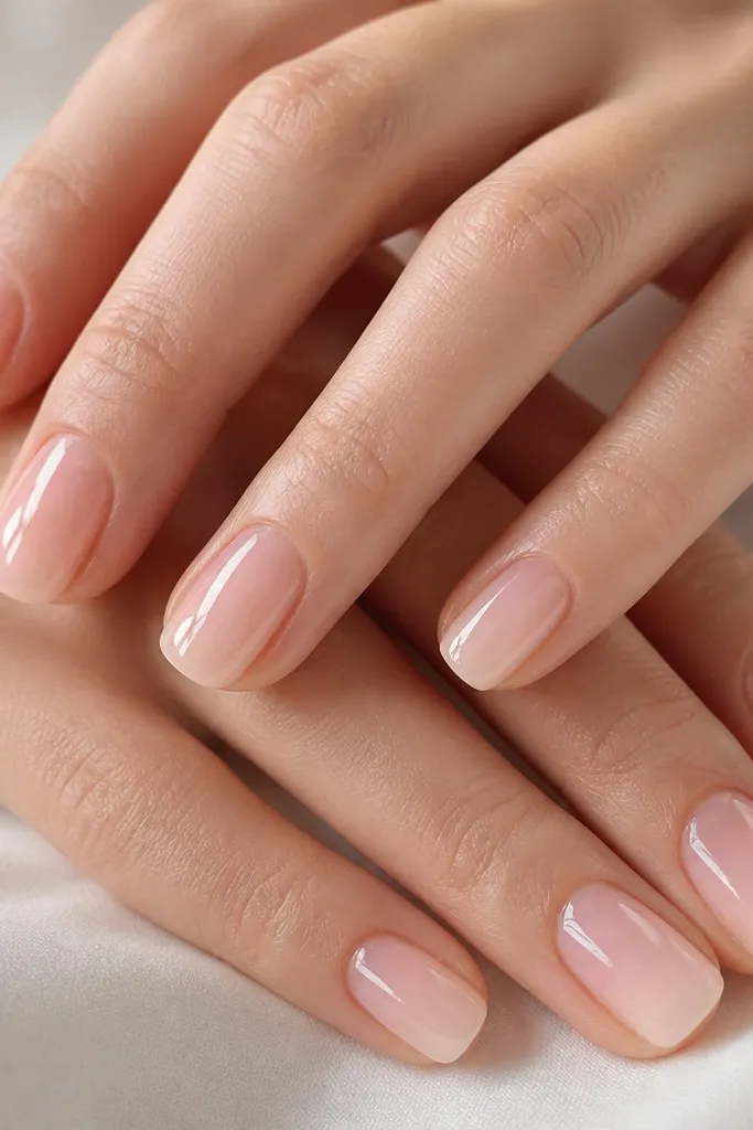 Ten nails in a soft square shape with a sheer rosy nude base. The nails look glassy and translucent, with a faint milky glow near the tips.