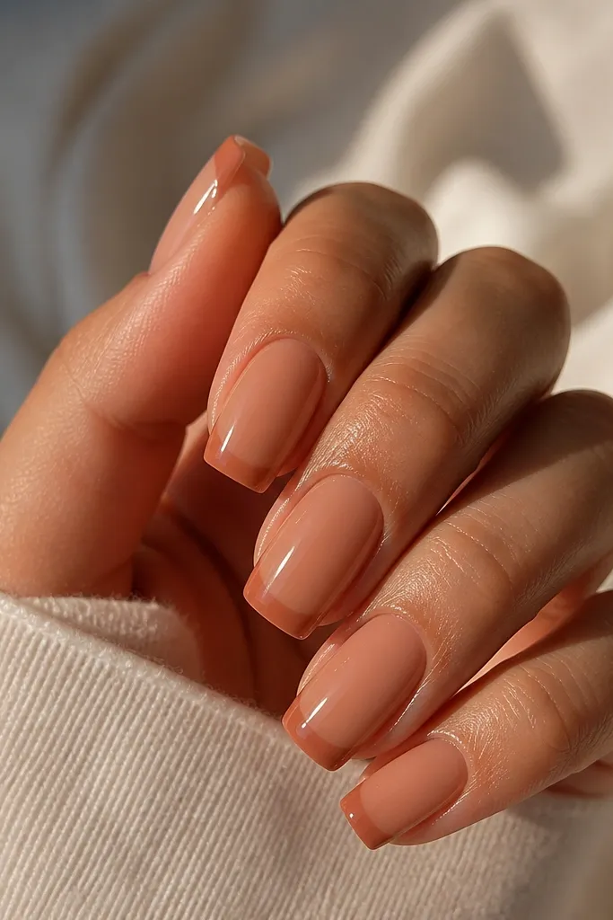Square nails with a warm peach-caramel nude base. The tips have a slightly deeper caramel tone and a super shiny reflective top coat.