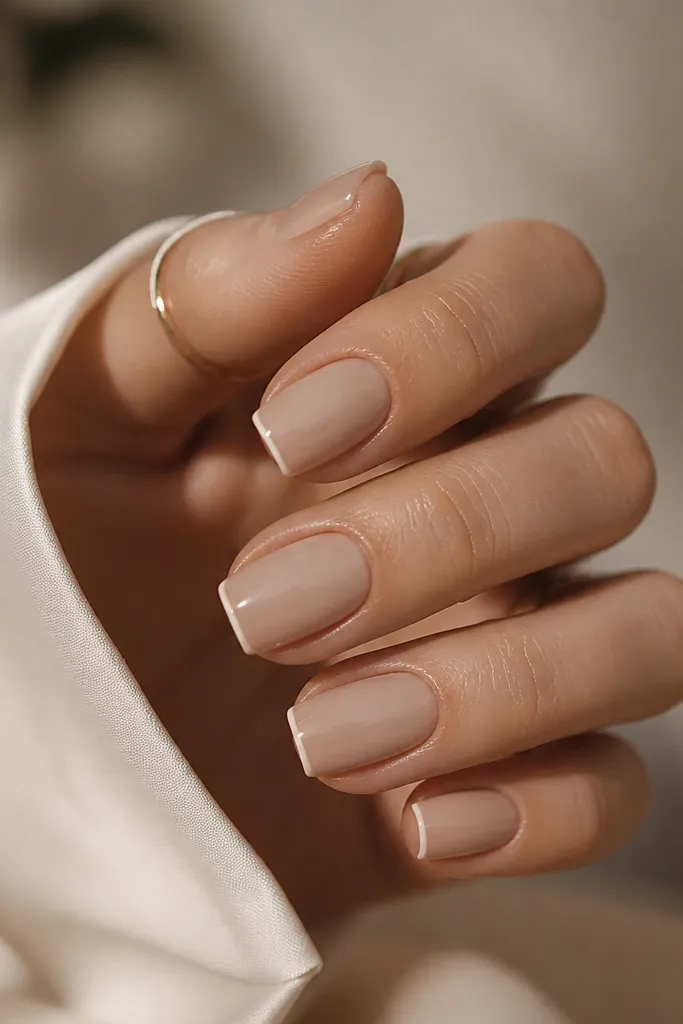 Square nails with a neutral beige nude base. A very thin French line runs across the tip in a slightly lighter beige, almost like a hairline.