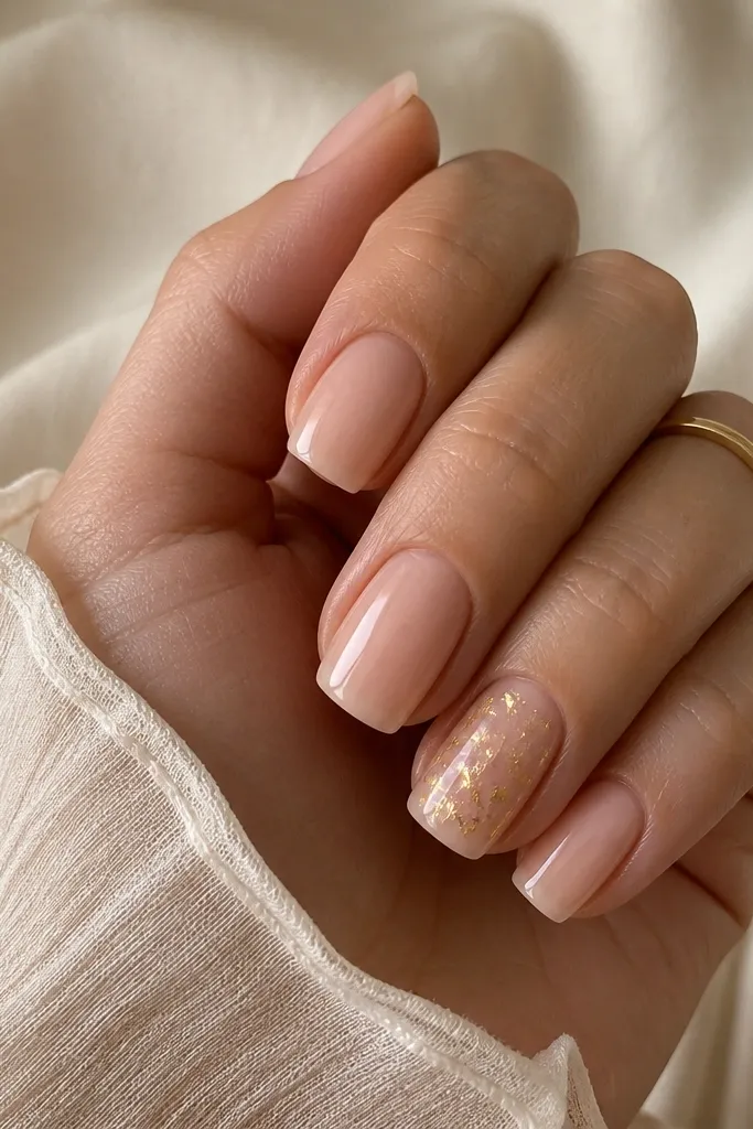 Most nails are a sheer nude square. One accent nail on the ring finger has irregular pieces of champagne-gold foil under a glossy clear overlay.