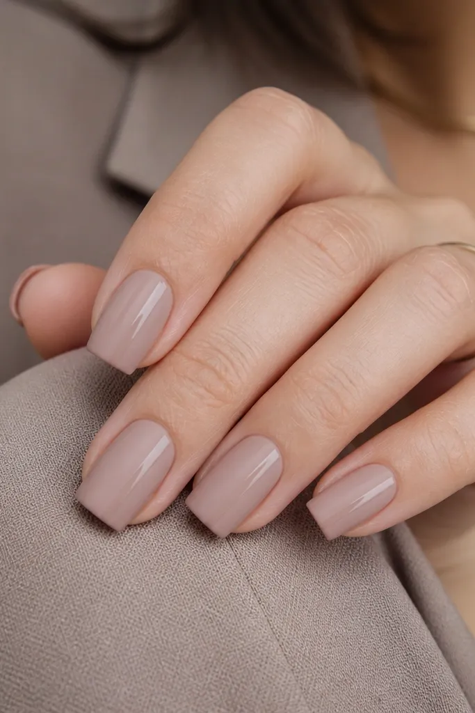 Square nails with a matte velvety nude finish. Each nail has a thin glossy stripe running down one side near the cuticle to tip.