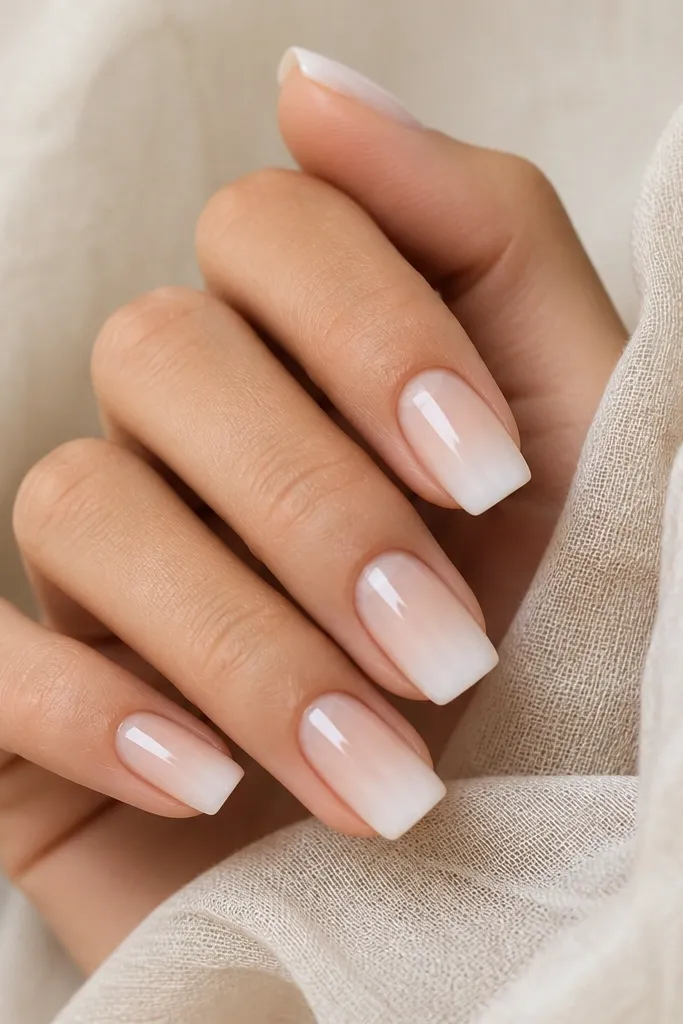 Square nails with a milky nude ombré. The base is sheer and skin-toned, fading into a cloudy milky white near the tips.