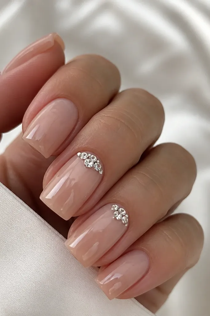 Square nails with a sheer nude base and a small crystal cluster placed right at the cuticle on one or two nails. The crystals look clear and sparkly with a glossy top coat.