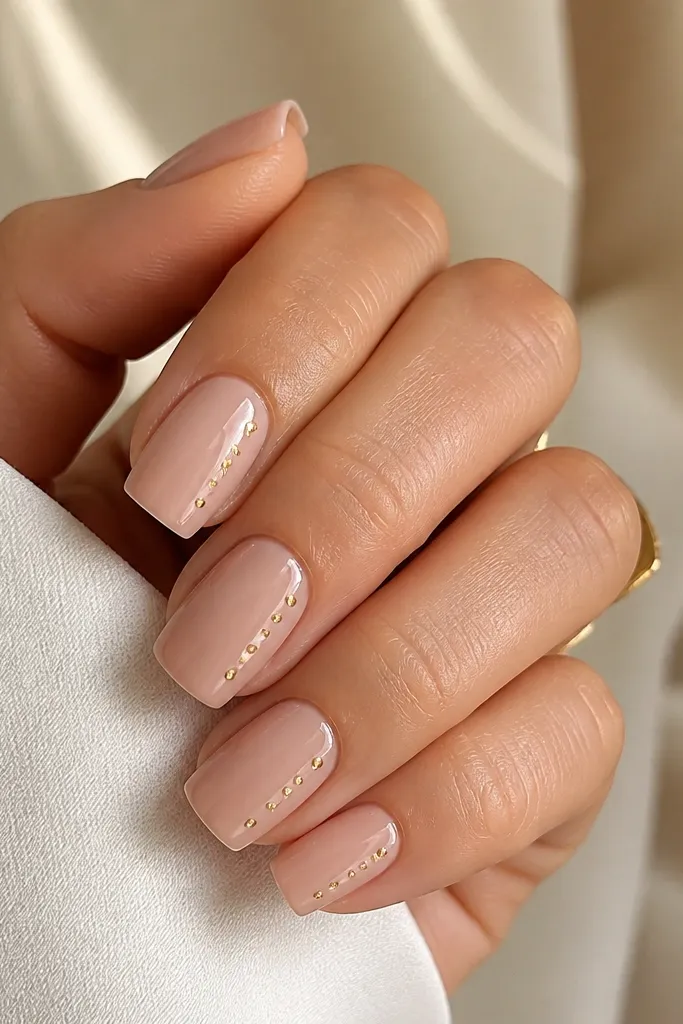 Square nails with a skin-tone nude base. Each nail has a few tiny champagne-gold dots arranged in a loose vertical line near the side of the nail.