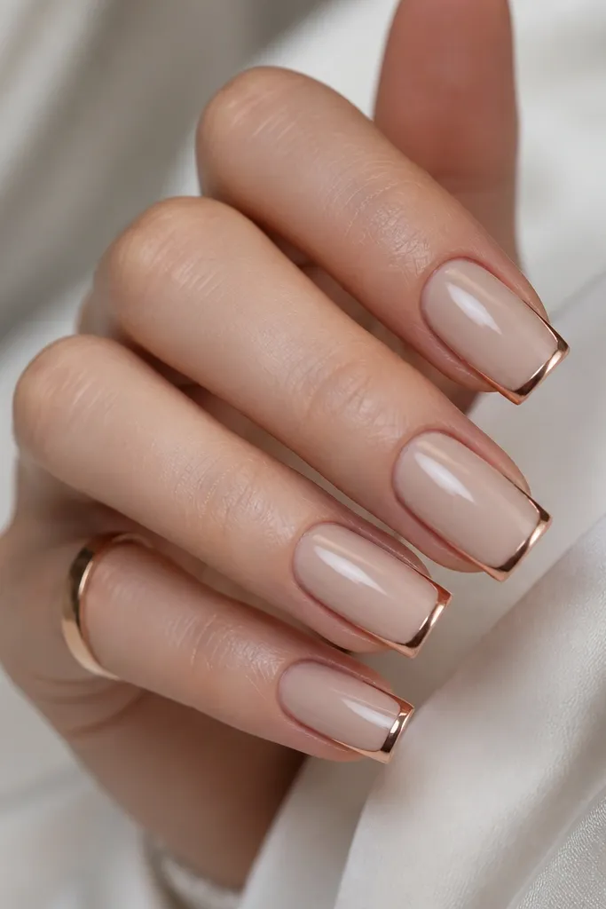 Square nails with a nude base and a thin rose-gold outline tracing the French tip. The line is crisp and metallic, with a glossy finish.