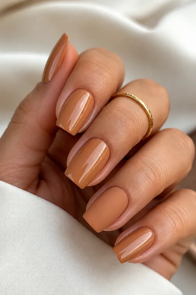 Square nails in a caramel nude with a glossy finish on most nails. One accent nail is matte in the same caramel tone, still square and sharp.