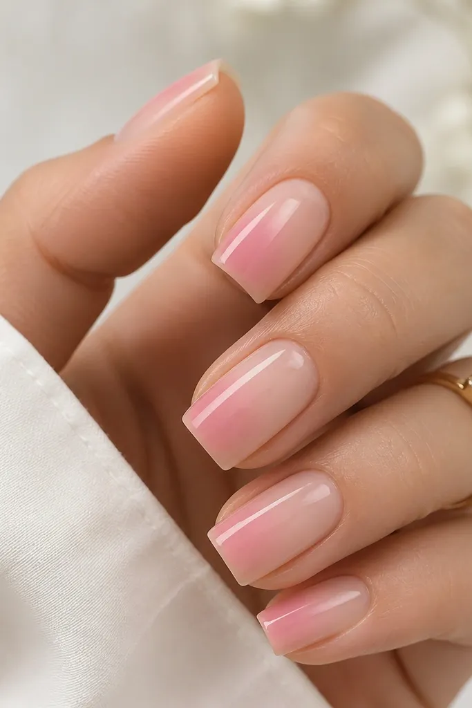 Square nails with a sheer nude base. On each nail, a soft blush pink fade appears only along one side, blending toward the center.