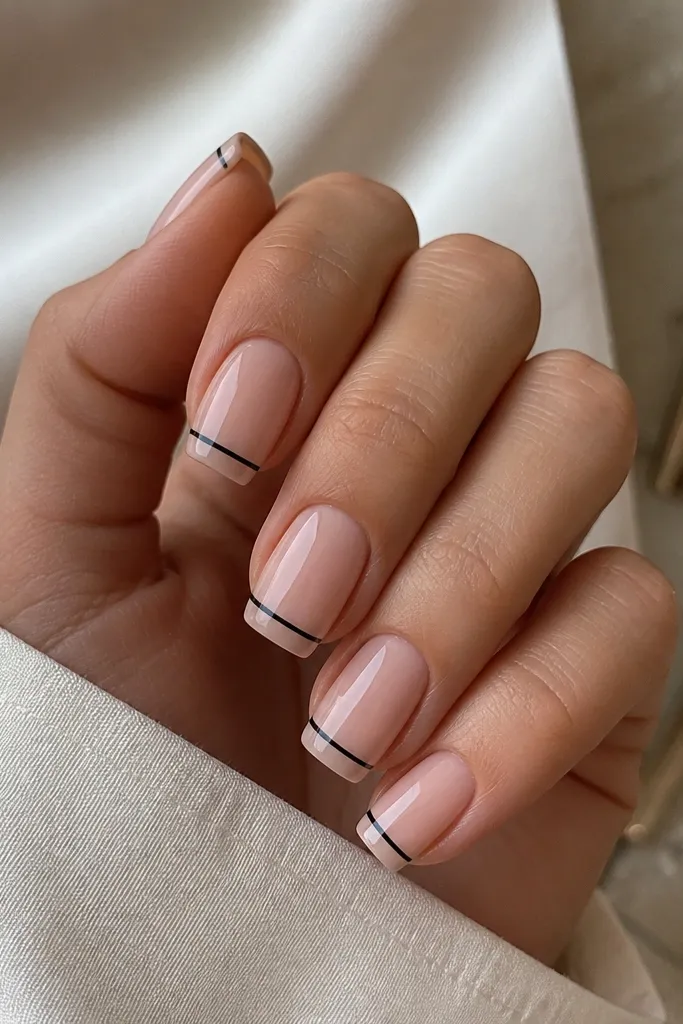 Square nails with a nude base and one or two thin black micro-lines near the tip. The lines are straight and minimal, not messy.
