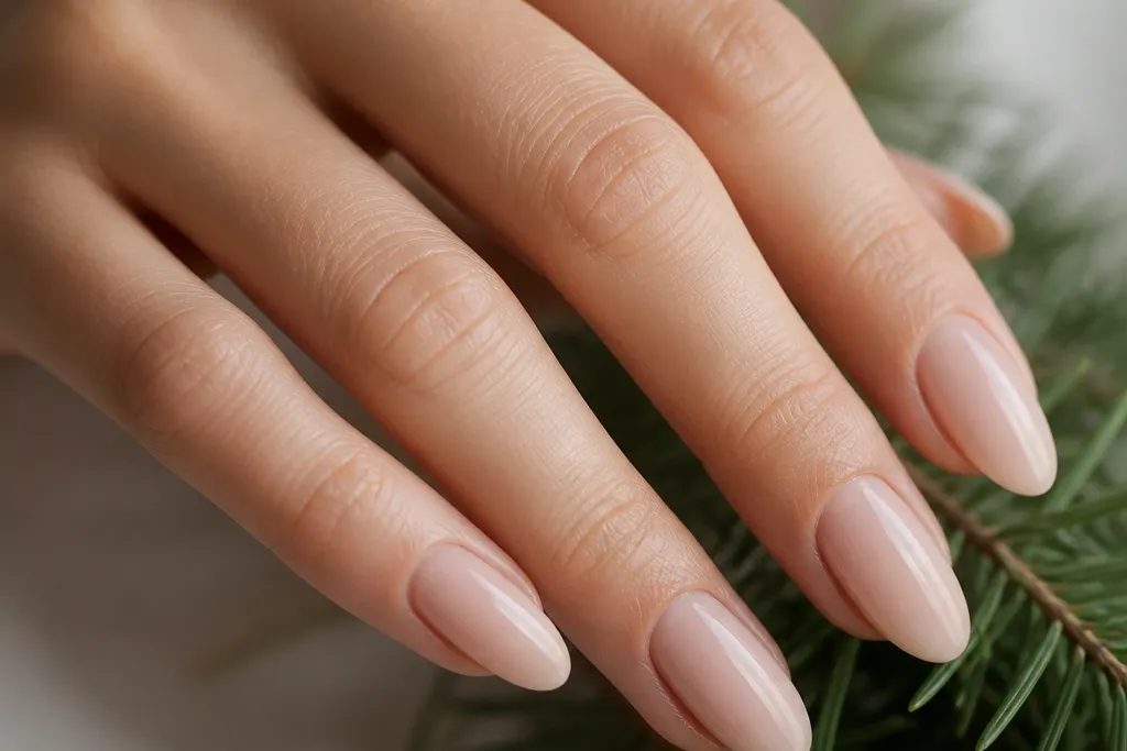 Seasonal_evergreen nude acrylic nails