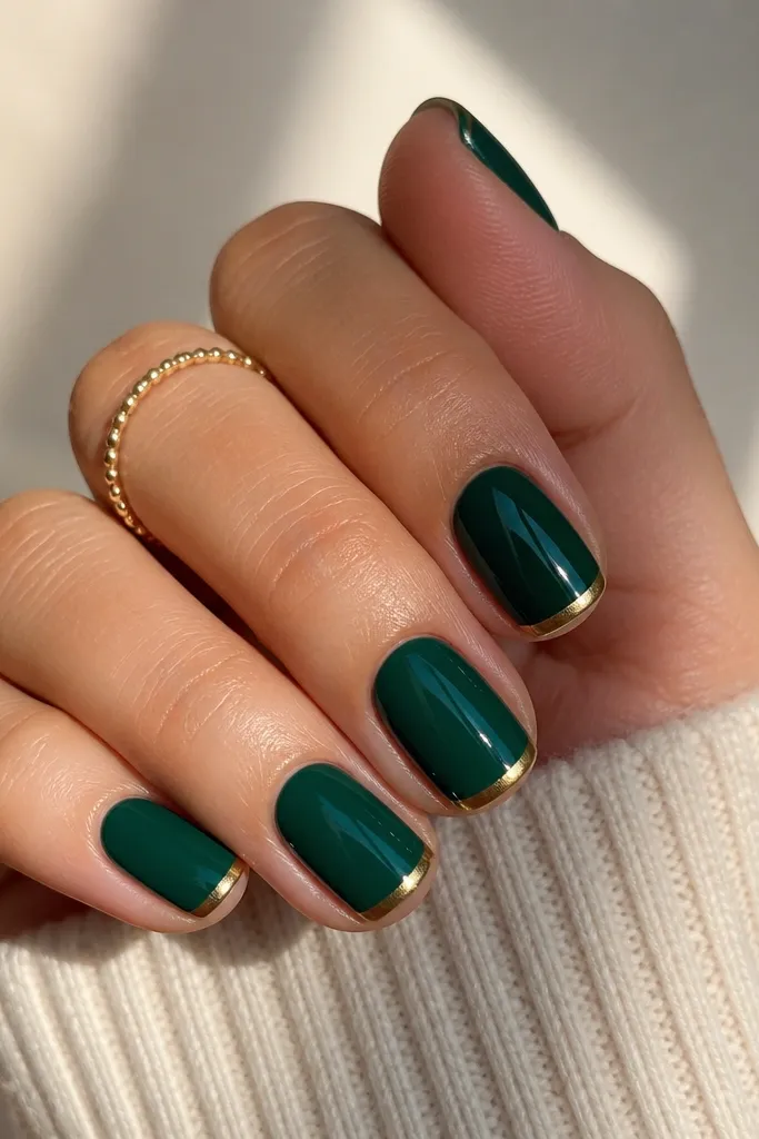 Short squoval nails with a glossy emerald base. The tips have a very thin French line in metallic gold, and the rest of the nail stays emerald with a clean, crisp border.