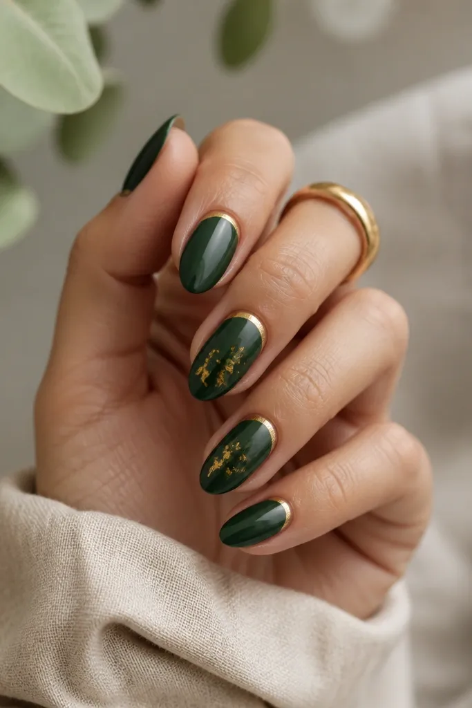 Short almond nails in deep forest green with a small gold half-moon at the cuticle. One or two nails have a tiny scatter of gold leaf flakes near the center.
