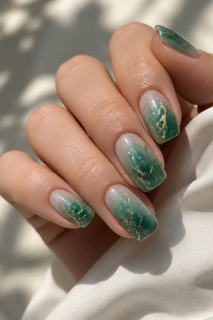Short squoval nails with cloudy emerald marble swirls over a glossy base. Fine metallic gold lines run like veins, mostly concentrated near the center and tip.