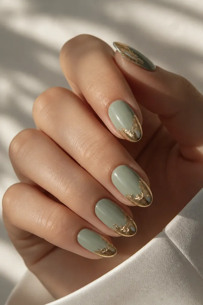 Short almond nails with a soft sage-green base. The tips have irregular metallic gold foil coverage, like torn foil, sealed under a glossy top coat.