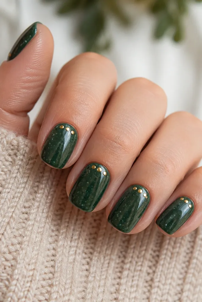 Short squoval nails in glossy forest green. Over it, tiny lighter speckles scatter across the nail. A small gold dot grid sits near the cuticle on each nail.