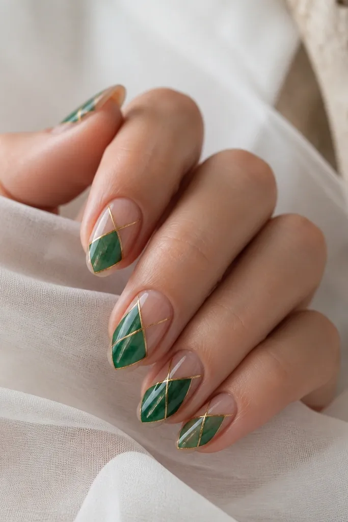 Short almond nails with translucent emerald panels. Gold lines form geometric shapes like stained glass, with clear negative space between panels.