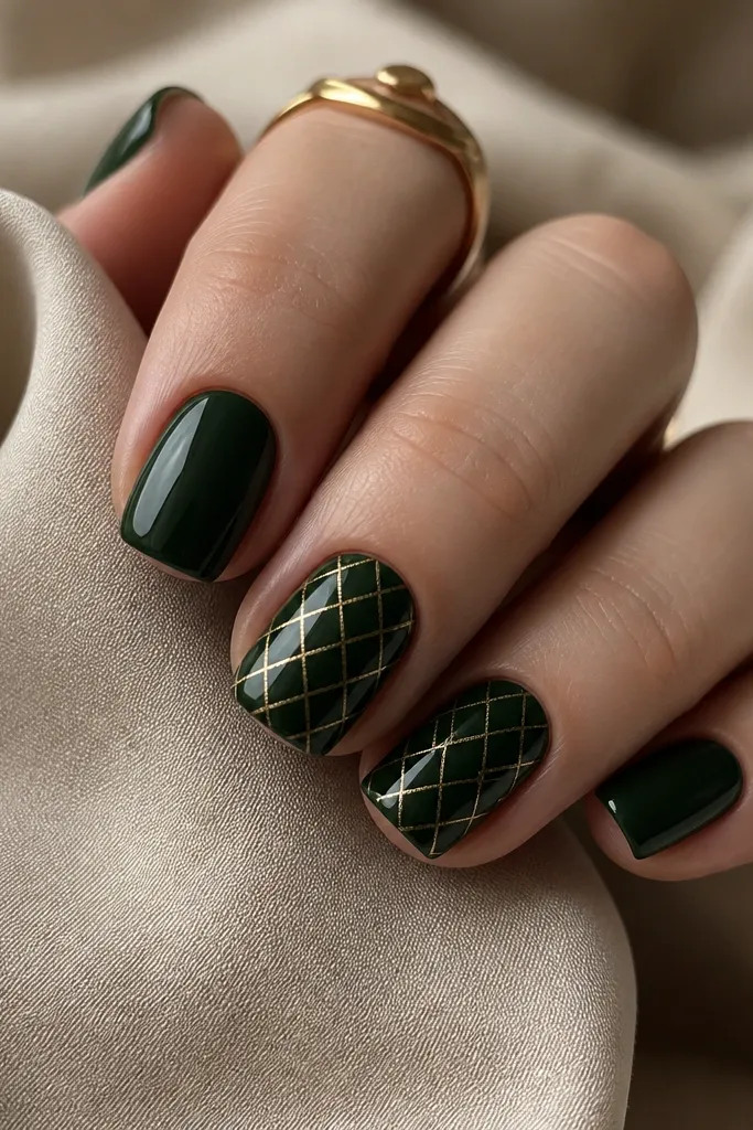 Short squoval nails with a deep green glossy base. Across two nails there is a fine gold crosshatch pattern - diagonal lines crossing to form a subtle net.