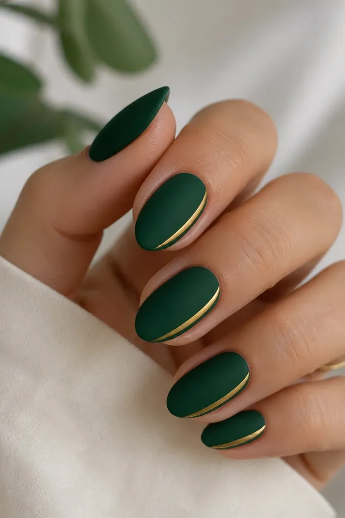 Short almond nails with a velvety matte deep green finish. A thin mirror-like gold line runs along one side of each nail, stopping before the corners.