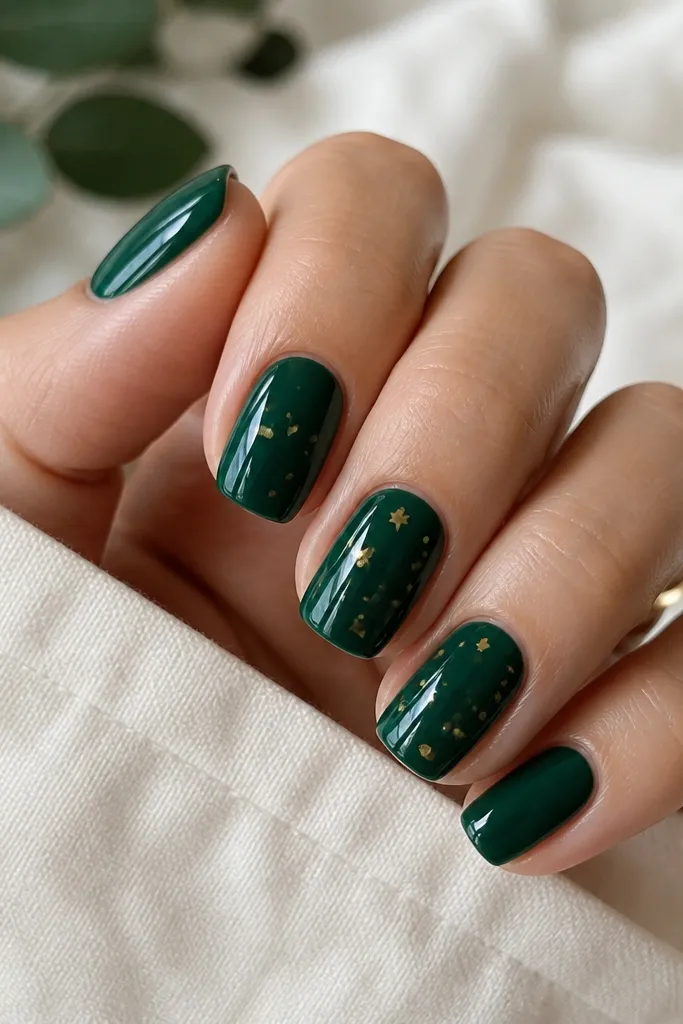 Short squoval nails in emerald green with scattered tiny confetti dots and micro star shapes in metallic gold on one or two nails.