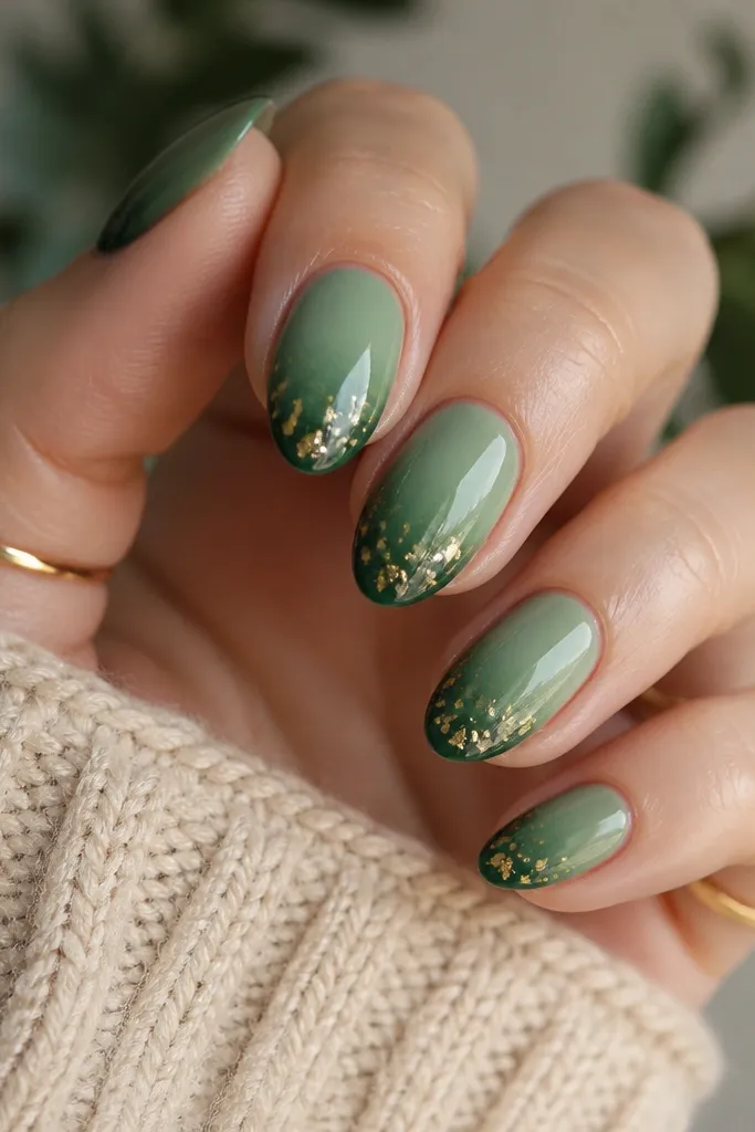 Short almond nails with a soft sage-to-emerald gradient from cuticle to tip. Gold foil dots cluster near the tip on each nail.