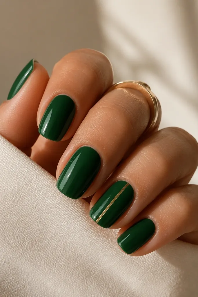 Short squoval nails mostly solid glossy forest green. One accent nail has a single thin gold stripe running down the center from mid-nail to tip.