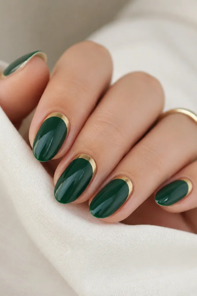 Short almond nails with a glossy emerald base. A reverse French arc in gold sits near the cuticle, while the rest stays emerald.