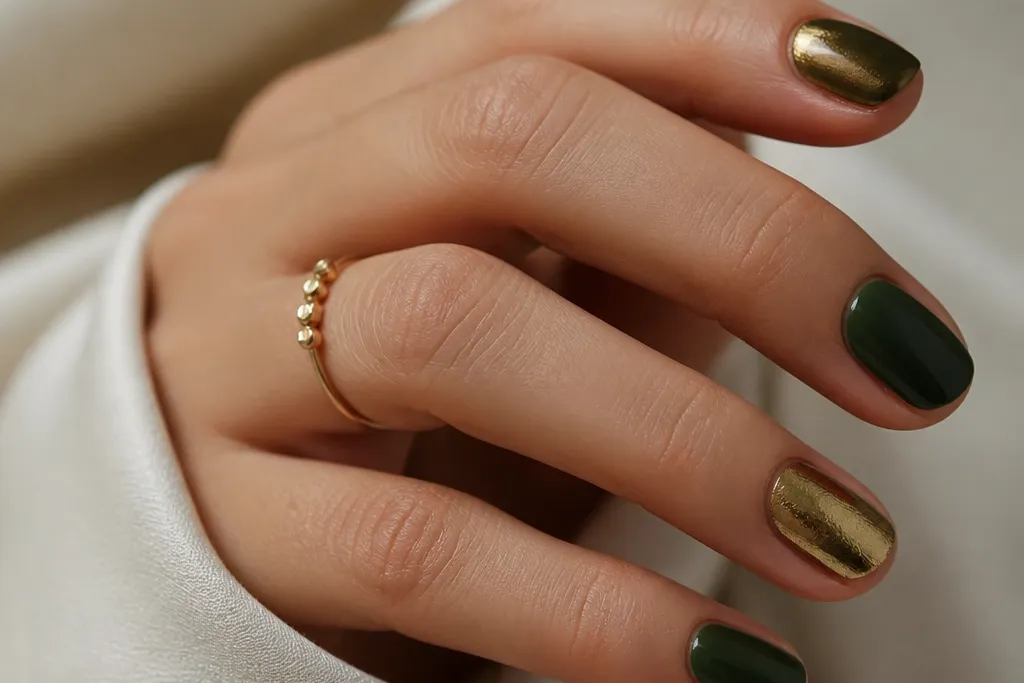 Short green and gold nails chic