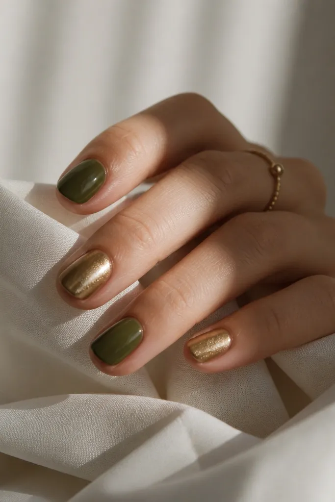 Short green and gold nails chic