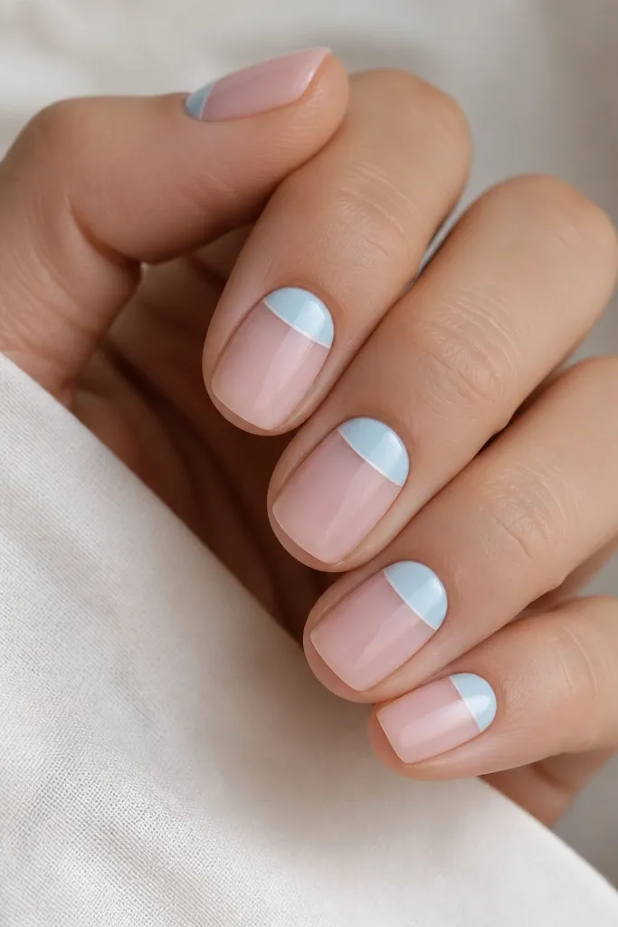 Short squoval nails with a nude-pink base. A powder sky blue half-moon sits at the cuticle on each nail, crisp and centered with a thin white micro-line at the edge.
