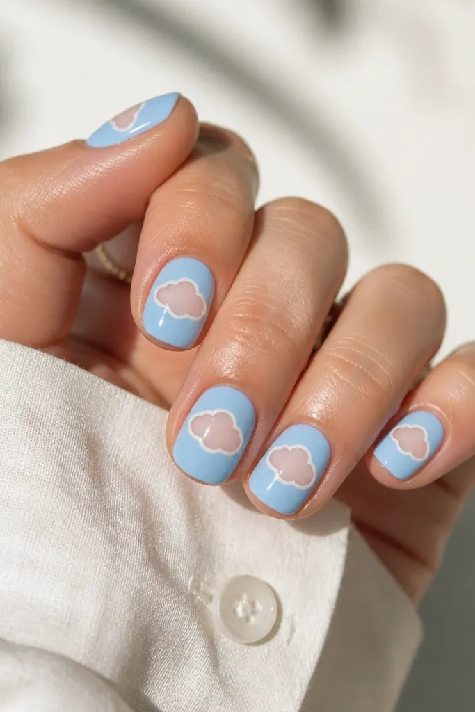 Short squoval nails with a solid sky blue base. A white cloud shape is cut out in the center, leaving the nude underlayer visible as the cloud outline.