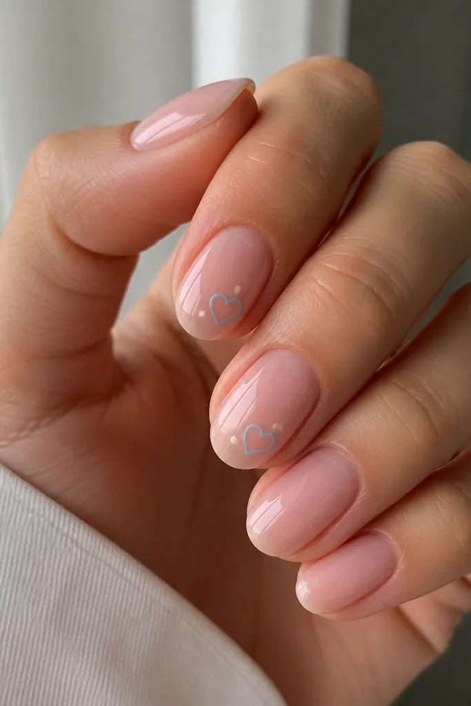 Short almond nails with clear-pink gloss. Tiny sky blue outline hearts sit near the cuticle on two nails, one heart per nail, with a small white dot beside each heart.