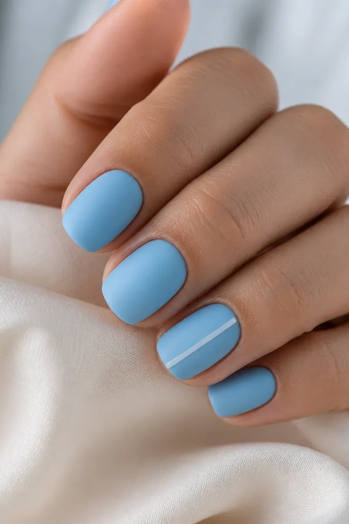 Short squoval nails in a matte sky blue finish. On one nail, a thin glossy white line runs vertically near the center, catching light against the matte surface.