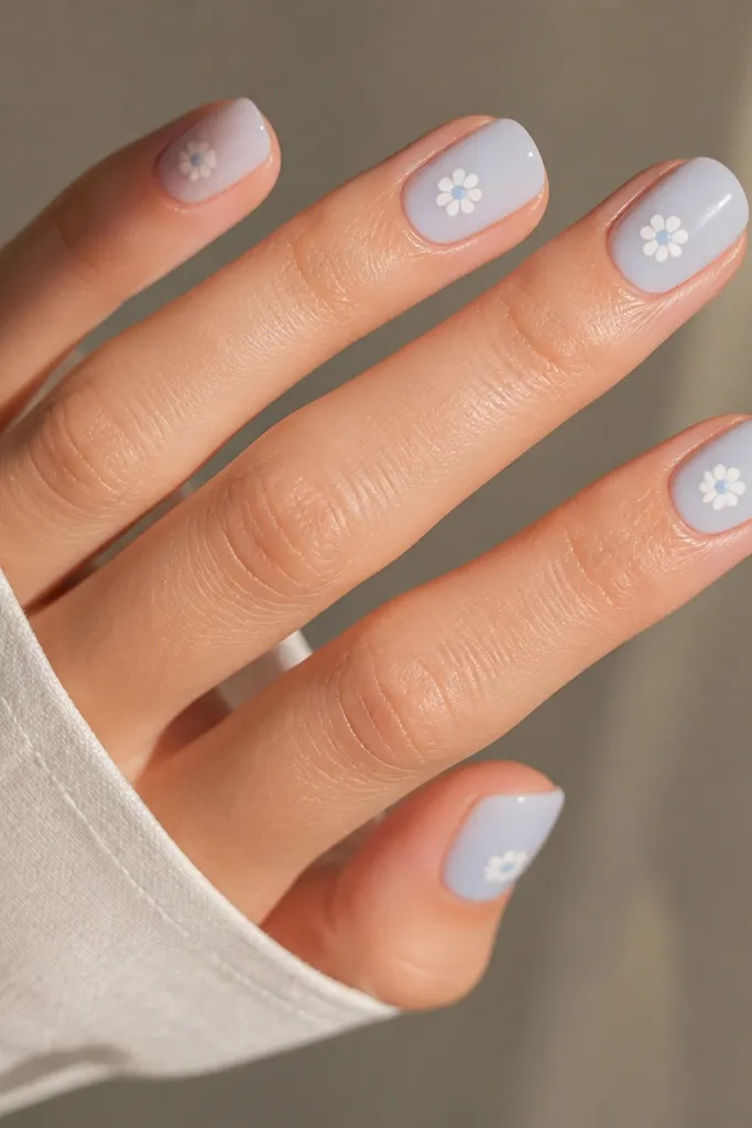 Short squoval nails with a sheer pale blue base. Each nail has a tiny white flower near the center, with a small sky blue dot in the middle.