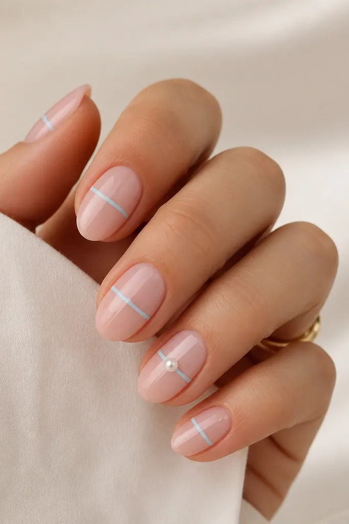 Short almond nails with nude-pink base. A single thin sky blue horizontal stripe sits mid-nail on each finger, and one nail has a small pearl stud placed at the stripe intersection.