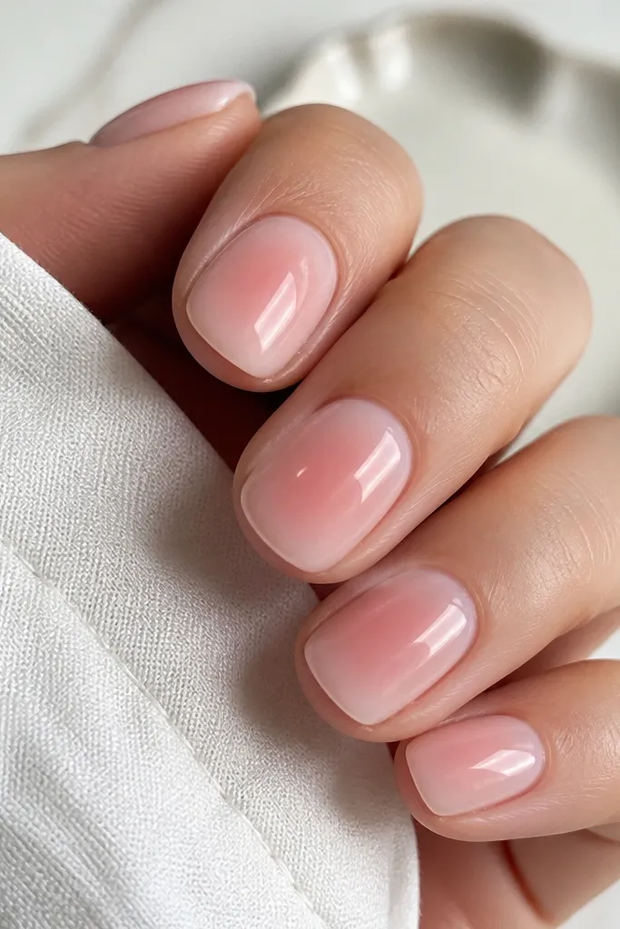 A set of short nails painted with a translucent milky pink base. Each nail has a slightly deeper blush patch in the middle, fading out toward the cuticle and sidewalls. The finish is glossy and smooth with no visible lines.