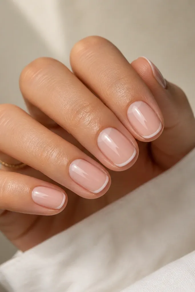 Short, rounded nails with a nude-soft pink base. The tips have a micro French line in a slightly lighter pink, drawn thin and curved to match the nail shape. The overall look is glossy and clean.