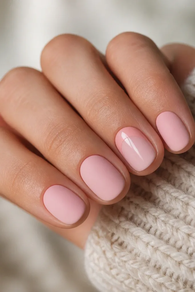 Most nails are short and coated in soft pink with a matte finish. One accent nail has the same soft pink but with a glossy top edge band near the tip, forming a clean half-moon line. The matte nails look velvety; the accent nail looks shiny.