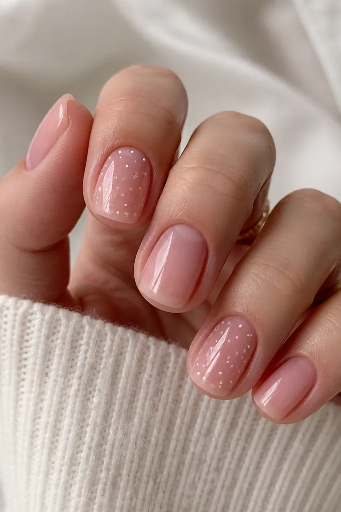 Short nails with a translucent jelly soft pink layer. On two nails, there are tiny white dots scattered like mini constellations, spaced evenly and small enough to look delicate. Everything is glossy.