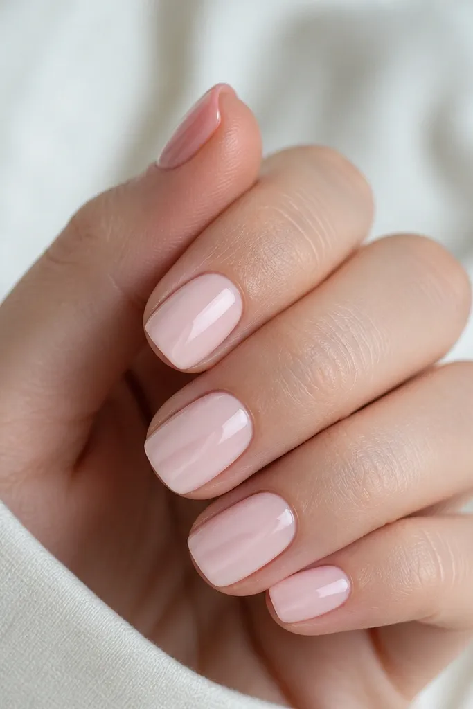 Short nails in creamy opaque soft pink. Each nail has a slightly lighter vertical fade along one side, like a soft highlight band. The nails are glossy and uniform in shape.