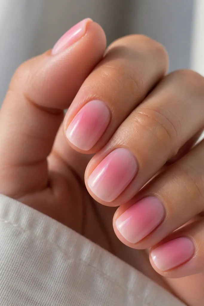 Short nails with a gradient that is strongest in the middle and fades toward both the cuticle and tip. The gradient uses two close soft pink shades, creating a gentle transition. Glossy finish with clean edges.