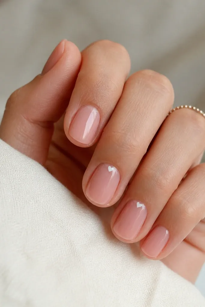 Short nails with a clear-to-soft-pink jelly base. On one or two nails, there's a tiny white micro heart placed just above the cuticle line. The rest of the nails are plain glossy soft pink.