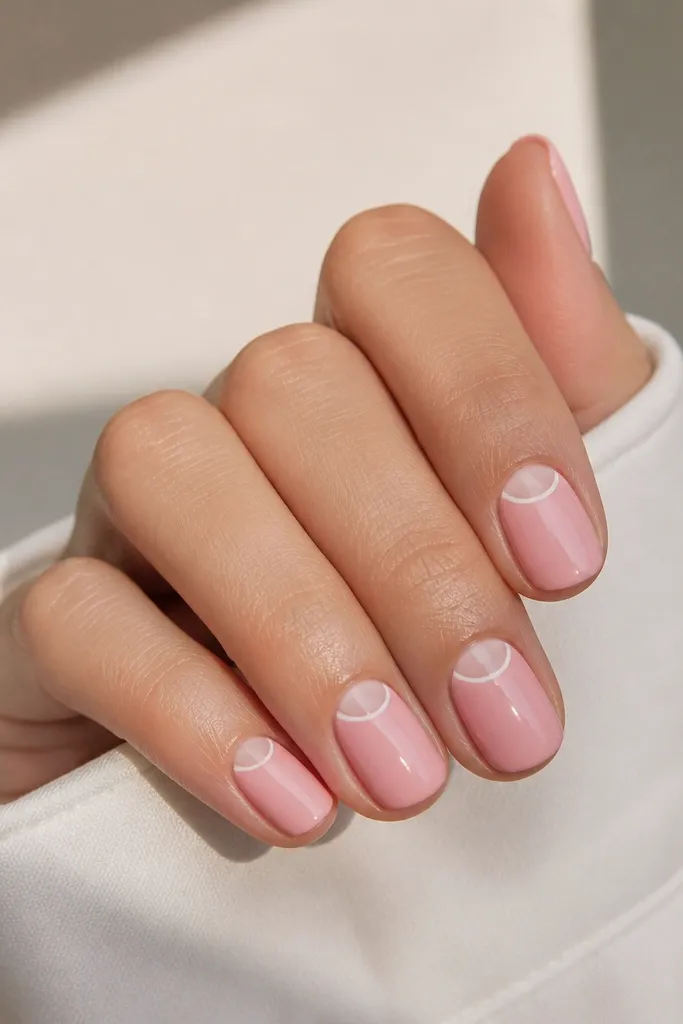 Short nails painted in soft pink. Each nail has a thin white outline in the shape of a half-moon at the cuticle area, with the center left pink. The outline is crisp and curves smoothly.